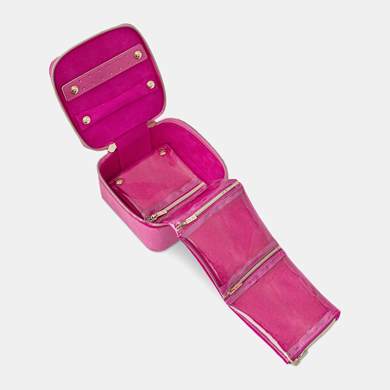 Pink jewelry case with open lid on a white background