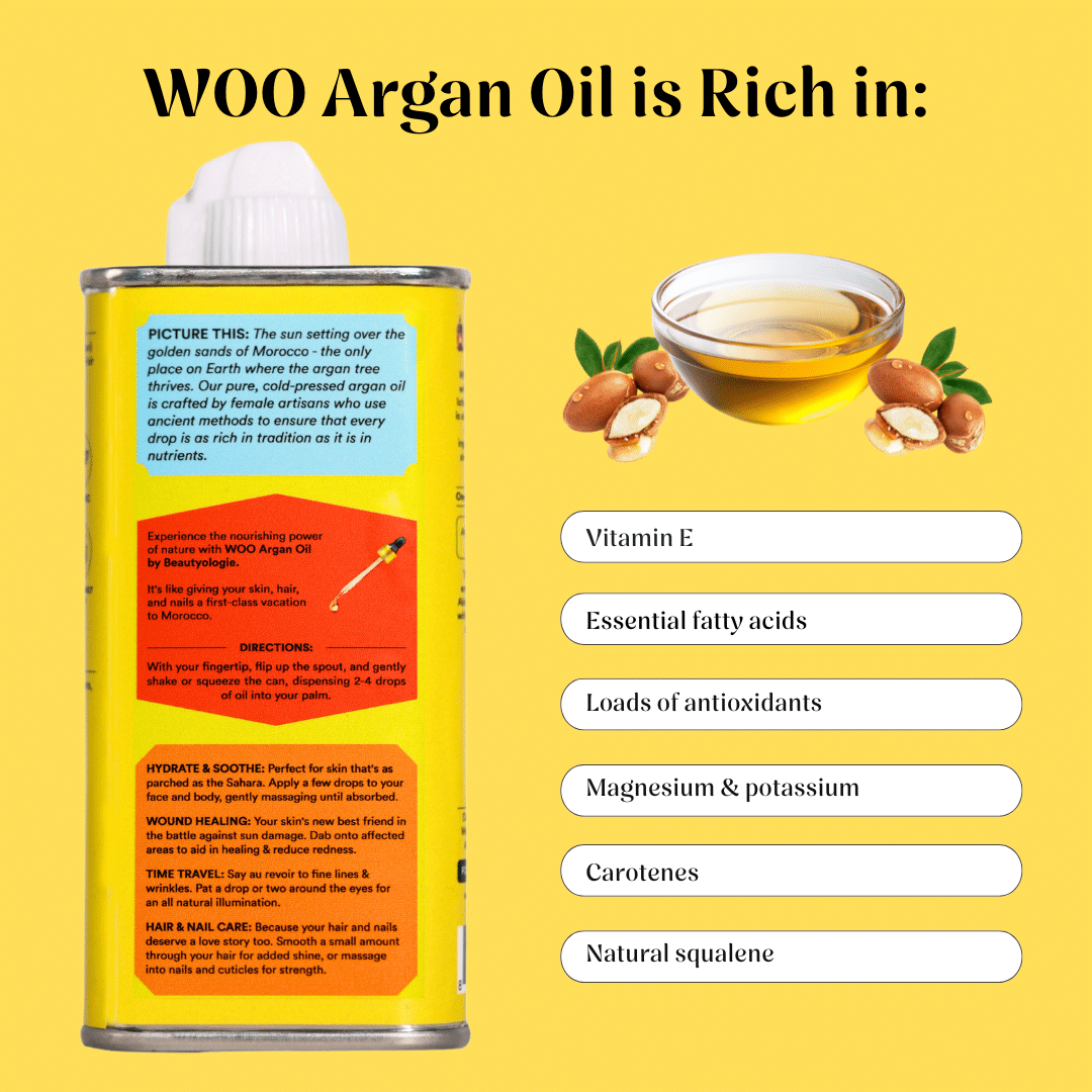 Can of WOO Argan Oil with text and images on a yellow background