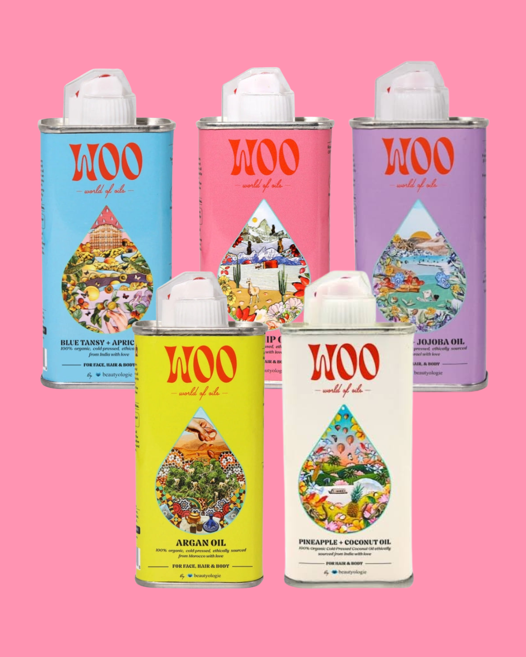 Five metal oil cans from Woo World of Oil arranged on a solid pink background. The cans come in blue, pink, purple, yellow, and white colors, each decorated with a colorful teardrop-shaped illustration and the brand name 'WOO' in red at the top.