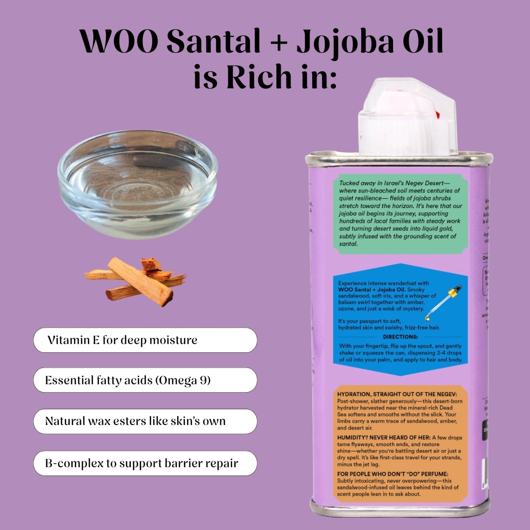 Product packaging with ingredients listed on a purple background