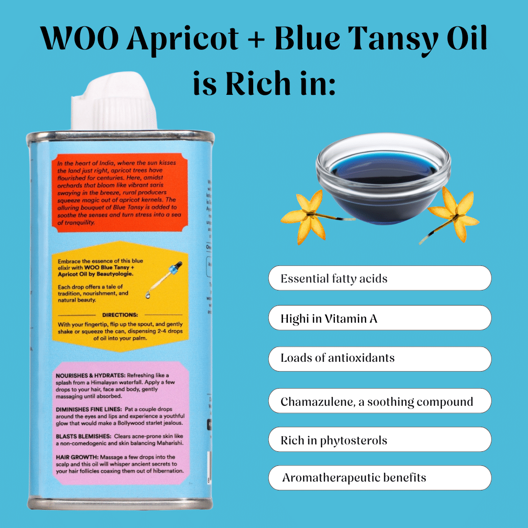 WOO Apricot + Blue Tansy Oil packaging with oil bowl and benefits listed on a blue background