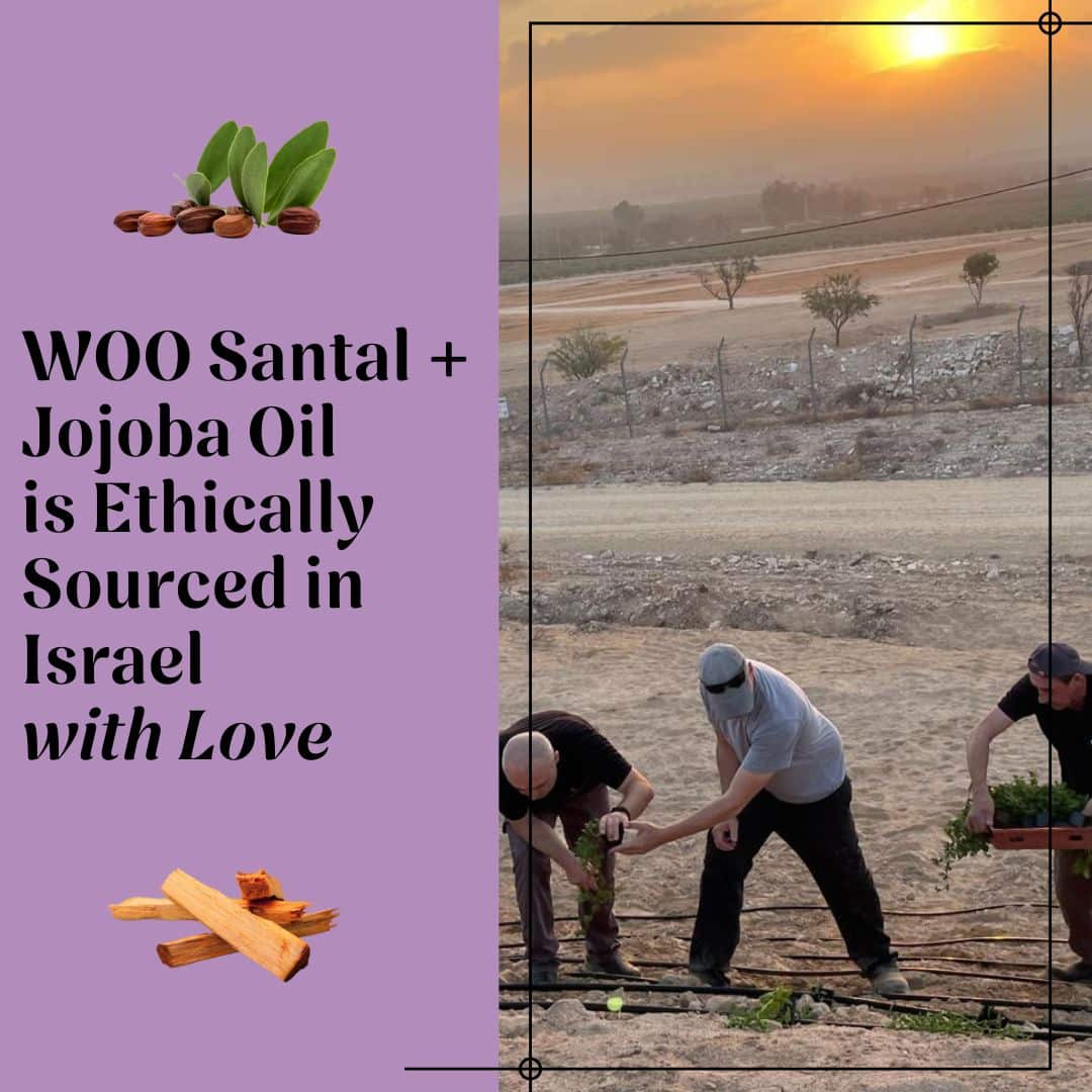Two people working in a field with promotional text about WOO Santal + Jojoba Oil on a purple background.
