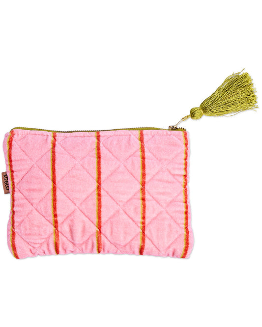 Pink quilted pouch with red stripes and a green tassel on a white background