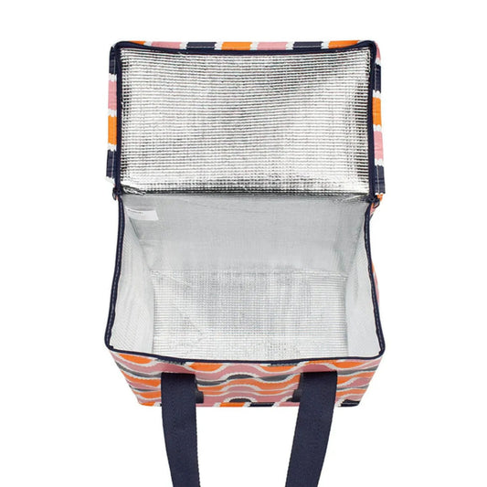 Colorful backpack with a clear front compartment on a white background