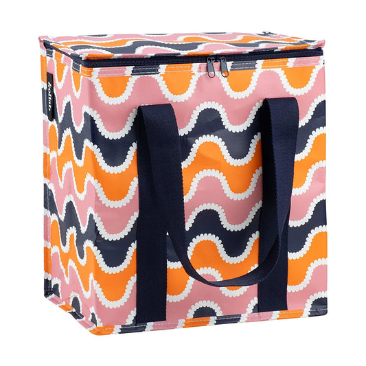 Colorful patterned bag with black handles on a white background