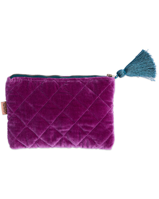 Purple quilted pouch with a blue tassel on a white background