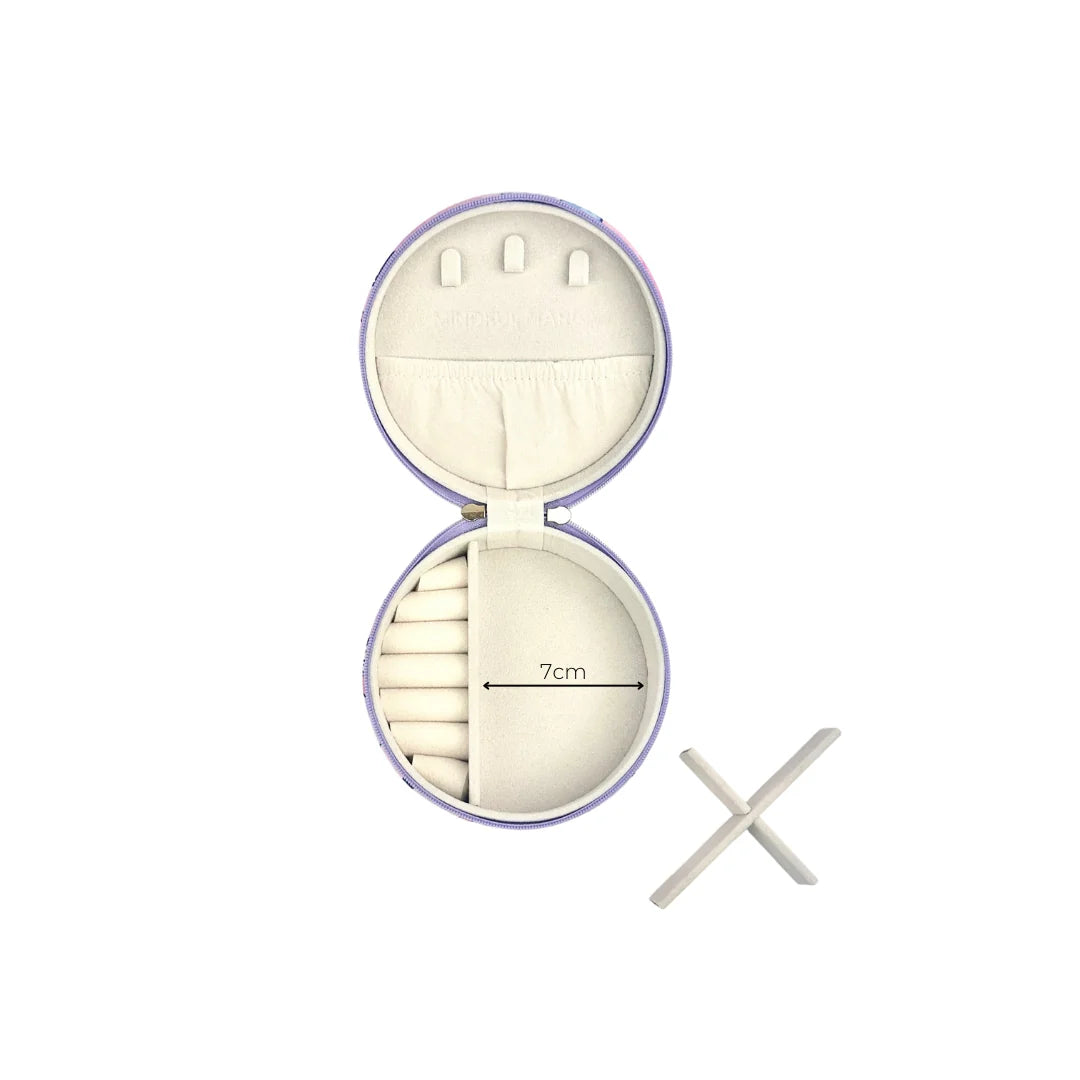 Open round container with a measurement scale on a white background