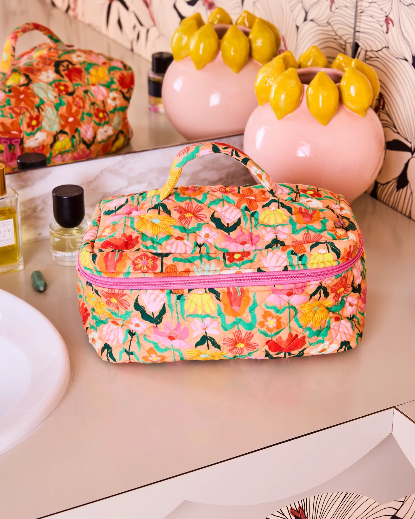 Popping Flower Peach Quilted Cotton Toiletry Case