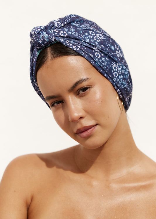Indigo Distressed Dahlia Shower Cap